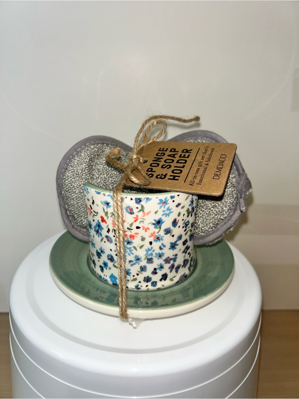 Demdaco Floral Ceramic Sponge & Soap Holder in White, Blue, Green